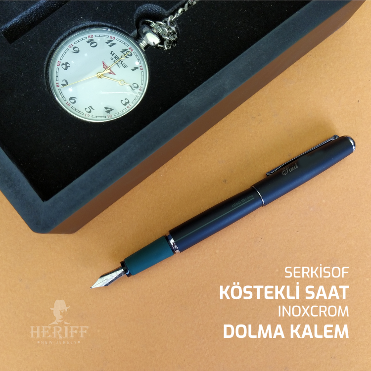Kurmalı Köstekli Saat ve Dolma Kalem - Ahşap Kutu Hediyeli